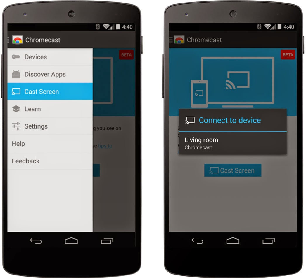 انتخاب گزینه Cast Screen و دستگاه Chromecast در اپلیکیشن گوگل هوم