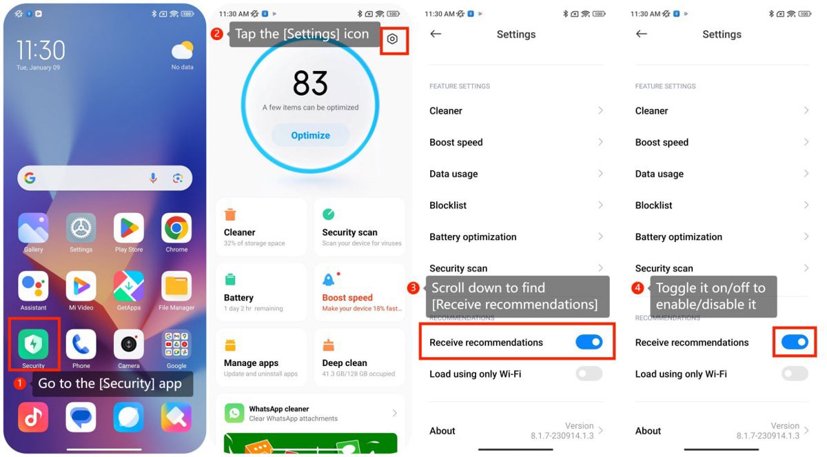 خاموش کردن Receive recommendations در تنظیمات برنامه Security شیائومی