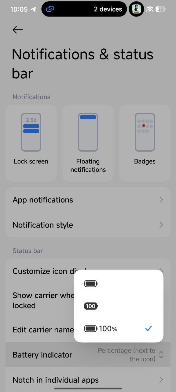 انتخاب حالت درصد در Battery indicator شیائومی