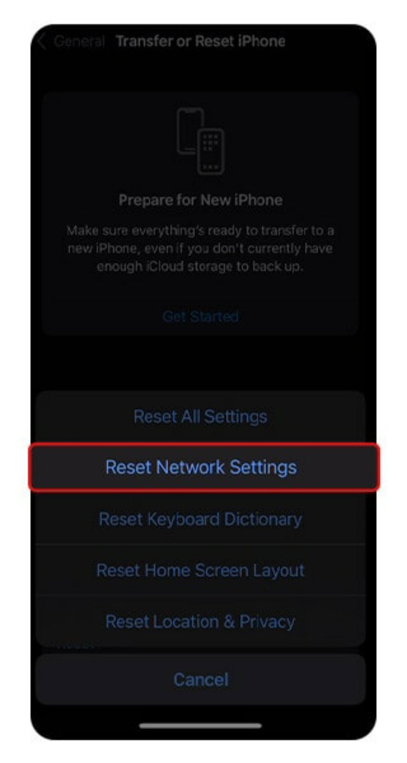 انتخاب Reset Network Settings برای بازنشانی تنظیمات شبکه