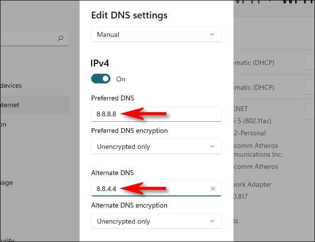 وارد کردن 8.8.8.8 و 8.8.4.4 در Preferred DNS و Alternate DNS
