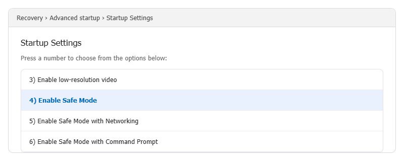 ورود به حالت Safe Mode صفحه Startup Settings ویندوز و گزینه Enable Safe Mode
