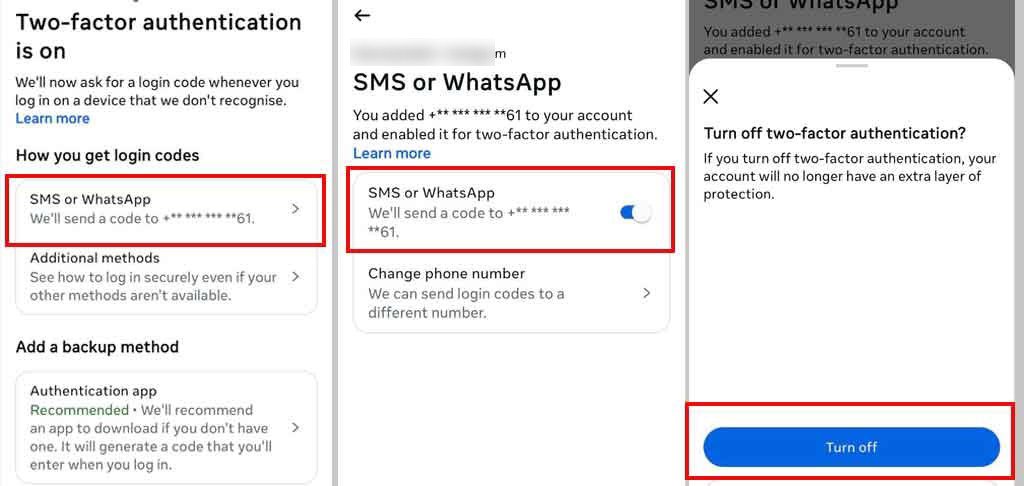 خاموش کردن روش SMS و تایید گزینه Turn off در تنظیمات تایید دو مرحلهای اینستاگرام