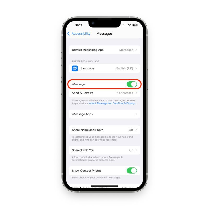 فعال کردن کلید iMessage در مسیر تنظیمات و بخش Messages فعال کردن کلید iMessage در مسیر تنظیمات و بخش Messages