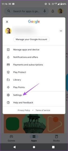 گزینه Settings در منوی پروفایل Google Play