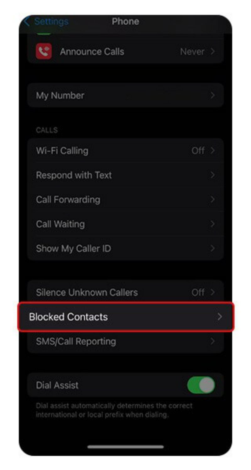 مسیر Settings به Phone و سپس Blocked Contacts برای دیدن مخاطبان مسدودشده