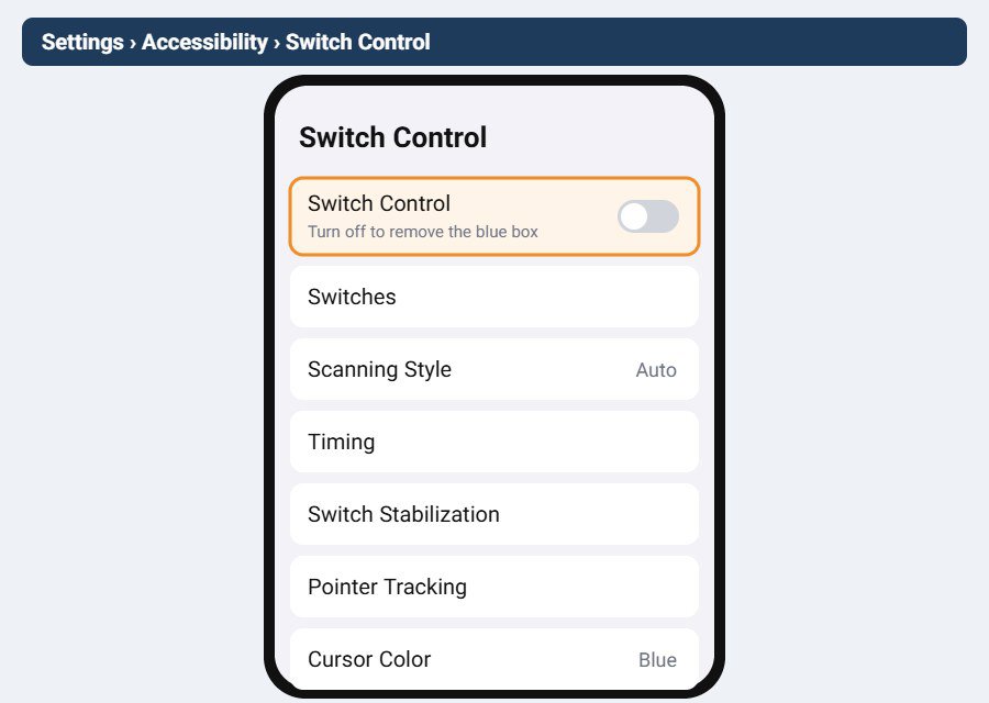 مسیر خاموش کردن Switch Control در تنظیمات دسترسیپذیری آیفون