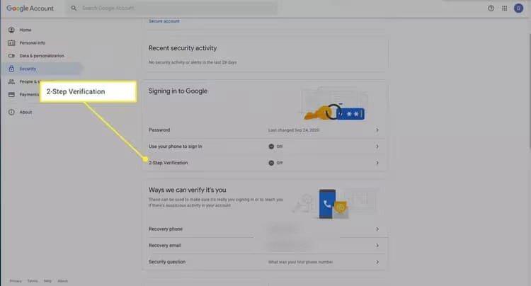 پیدا کردن گزینه 2-Step Verification در بخش امنیت حساب گوگل