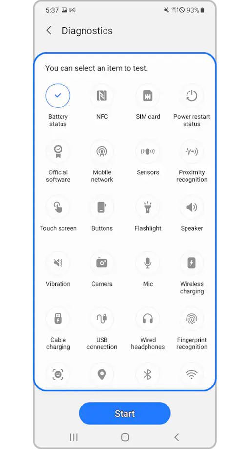 تست Vibration در Diagnostics برنامه Samsung Members