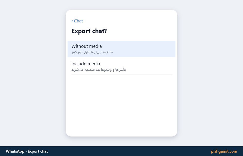 پنجره Export chat در واتساپ با گزینههای Without media و Include media