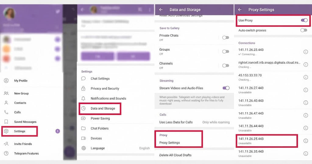 مسیر Data and Storage › Proxy Settings و روشن کردن Use Proxy در تلگرام اندروید