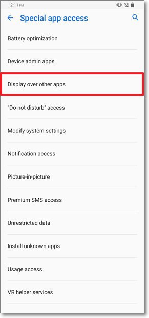 فهرست برنامههای دارای دسترسی Display Over Other Apps فهرست برنامههای دارای دسترسی Display Over Other Apps