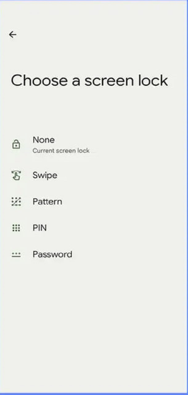 صفحه Choose a screen lock و گزینه&zwnj;های Pattern، PIN و Password