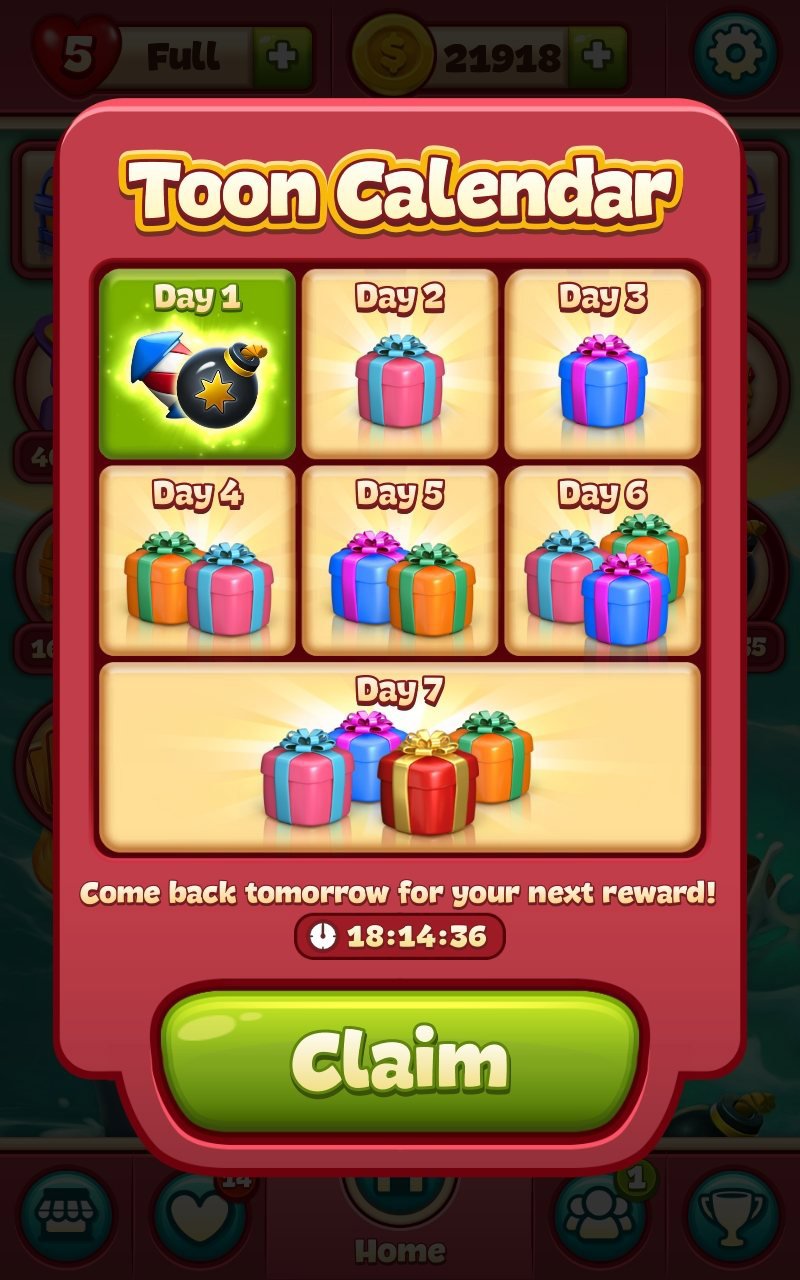 پنجره Toon Calendar و جوایز روزانه هفتروزه در Toon Blast پنجره Toon Calendar و جوایز روزانه هفتروزه در Toon Blast