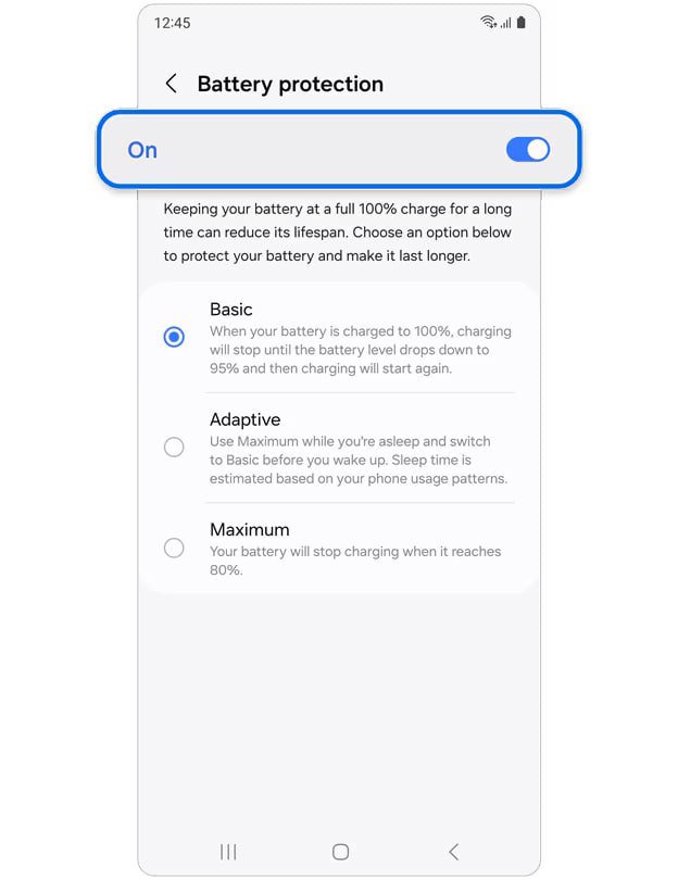 صفحه Battery protection سامسونگ با گزینه‌های Basic، Adaptive و Maximum