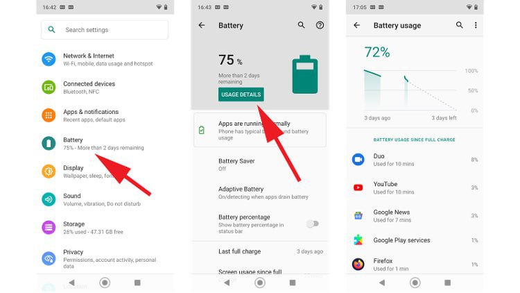 مسیر Settings › Battery › Usage details و فهرست مصرف باتری برنامه‌ها در اندروید
