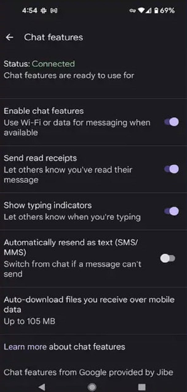 صفحه Chat features در برنامه پیام&zwnj;ها با کلید Enable chat features