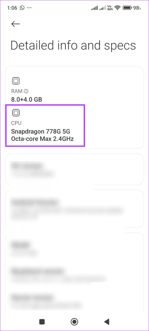 اسکرینشات صفحه Detailed info and specs با نمایش پردازنده Snapdragon 778G در کادر بنفش