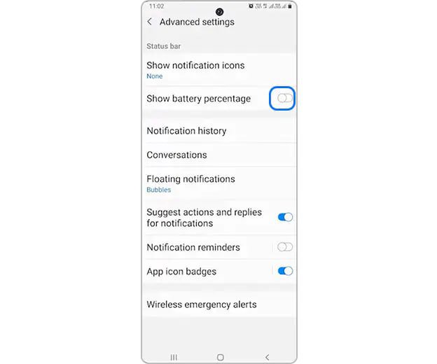 کلید Show battery percentage در Advanced settings اعلانهای سامسونگ
