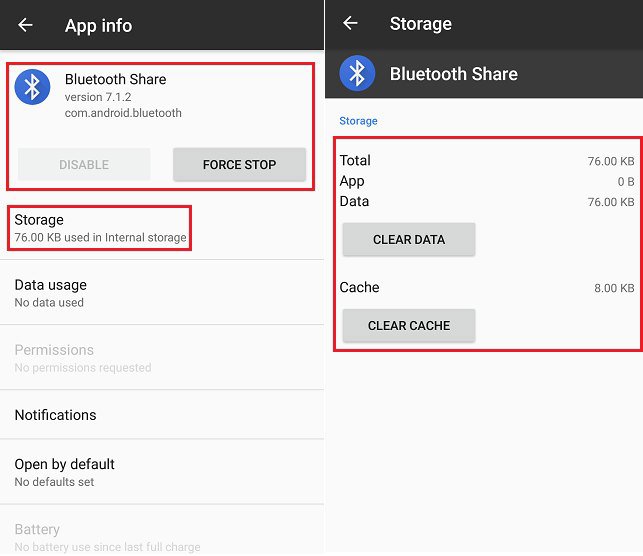 دکمه Clear cache در صفحه Storage برنامه بلوتوث اندروید