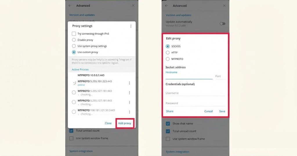 افزودن پروکسی دستی با Add proxy در تلگرام دسکتاپ