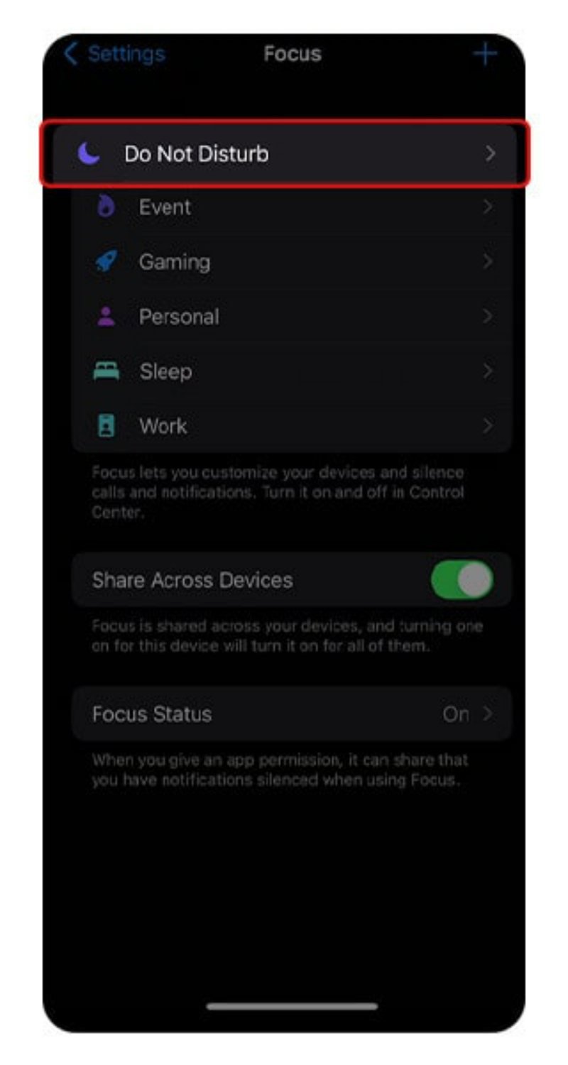 مسیر Focus و سپس Do Not Disturb در تنظیمات آیفون