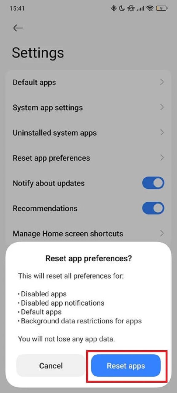پنجره تأیید Reset app preferences در تنظیمات برنامه&zwnj;های اندروید