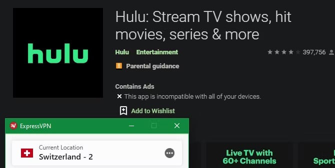برنامه Hulu در گوگل پلی با پیام ناسازگاری و برنامه VPN روی سرور خارج از آمریکا