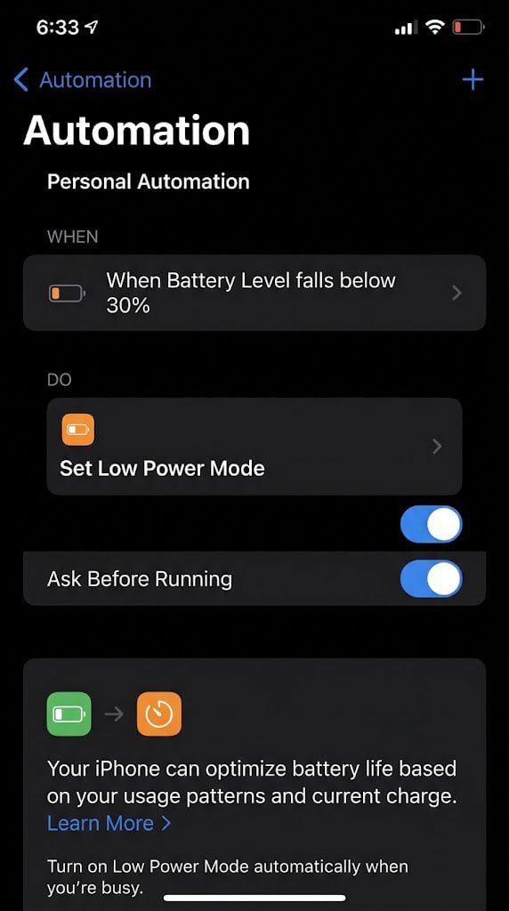 اتومیشن Shortcuts برای فعالسازی خودکار Low Power Mode در ۳۰ درصد شارژ