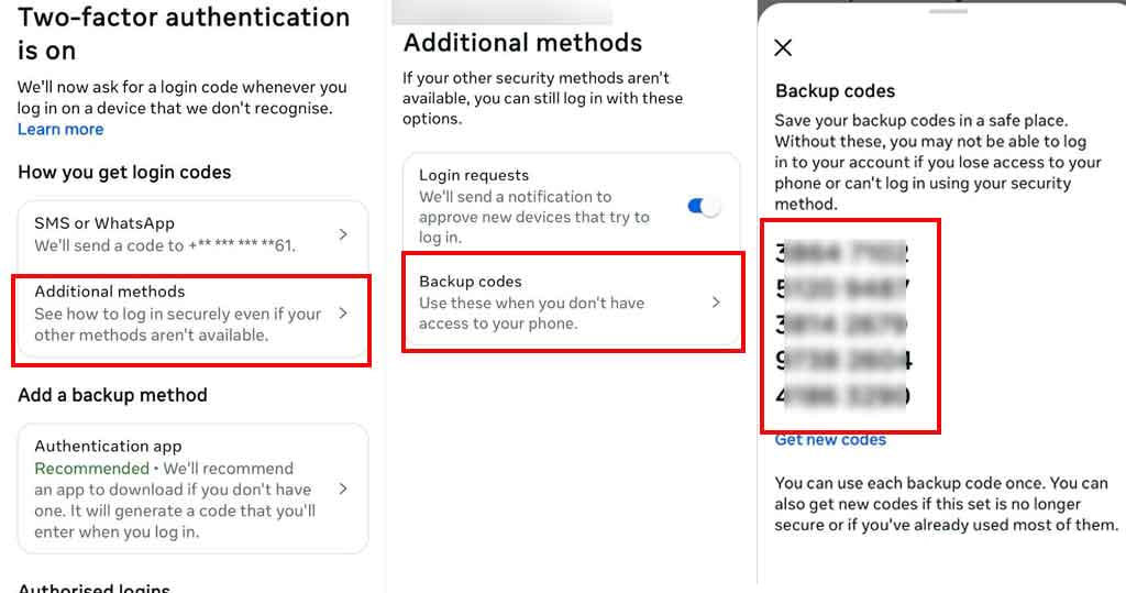 مسیر Additional methods و صفحه Backup codes در تنظیمات امنیتی اینستاگرام