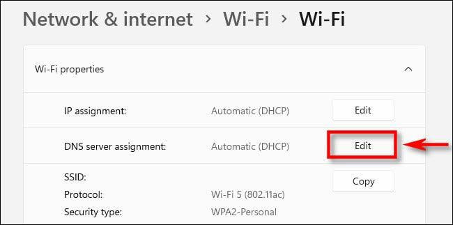 دکمه Edit کنار DNS server assignment در ویندوز ۱۱