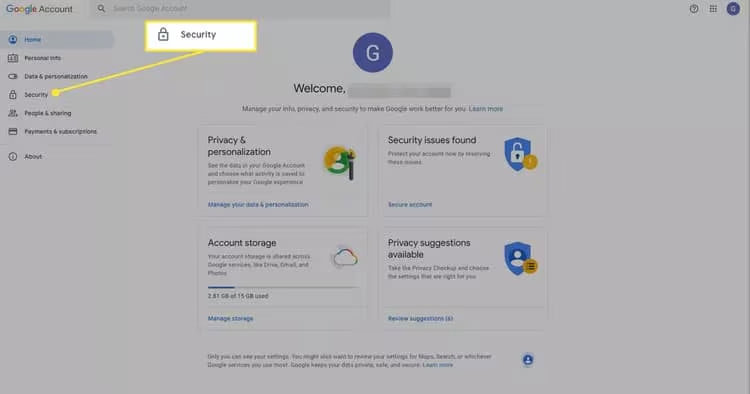 باز کردن بخش Security در تنظیمات حساب گوگل