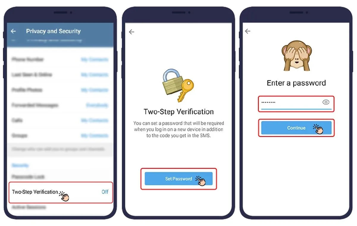 انتخاب Two-Step Verification و تعیین رمز عبور در تلگرام