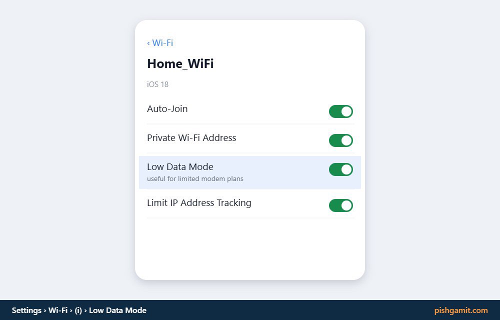 فعالسازی سوئیچ Low Data Mode در صفحه تنظیمات مشخصات وایفای آیفون
