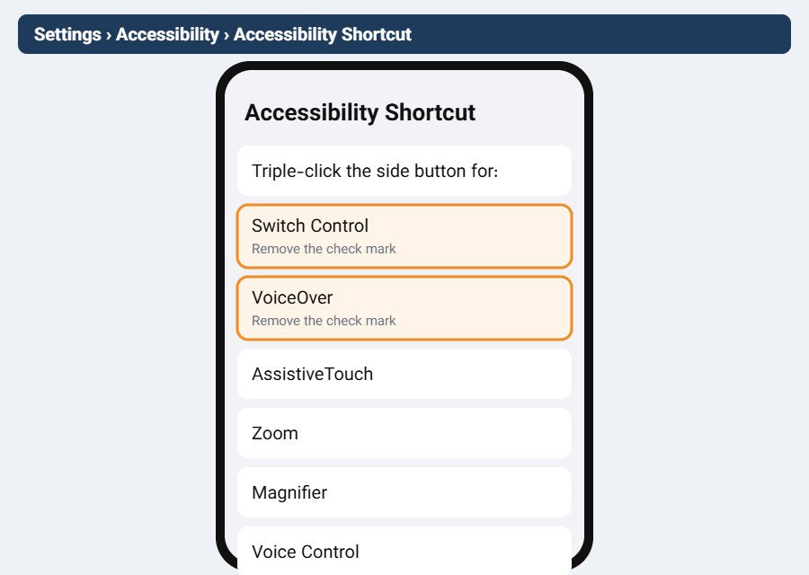 برداشتن تیک Switch Control و VoiceOver در منوی Accessibility Shortcut آیفون