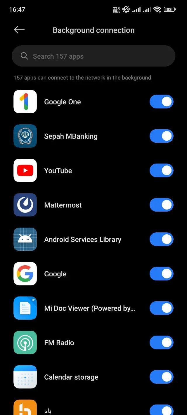 لیست اپلیکیشنها در بخش Background connection و کلیدهای فعال و غیرفعال لیست اپلیکیشنها در بخش Background connection و کلیدهای فعال و غیرفعال