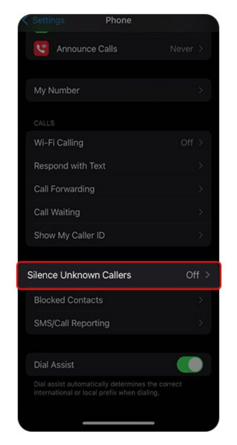 گزینه Silence Unknown Callers در بخش Phone تنظیمات آیفون