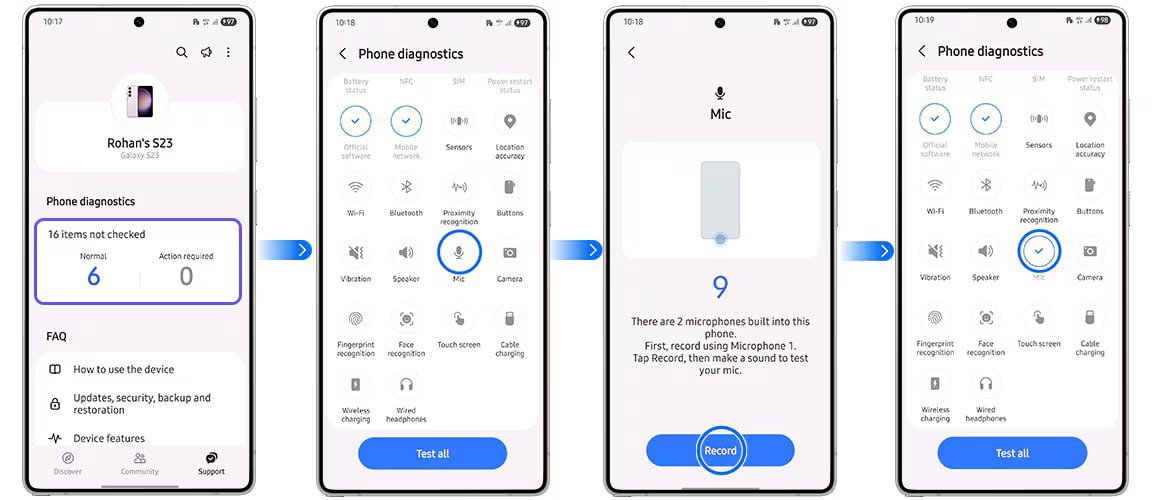 تست میکروفون در Phone diagnostics برنامه Samsung Members