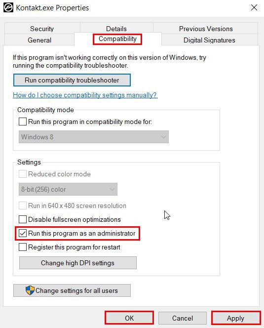 تیک زدن گزینه Run this program as an administrator در تب Compatibility