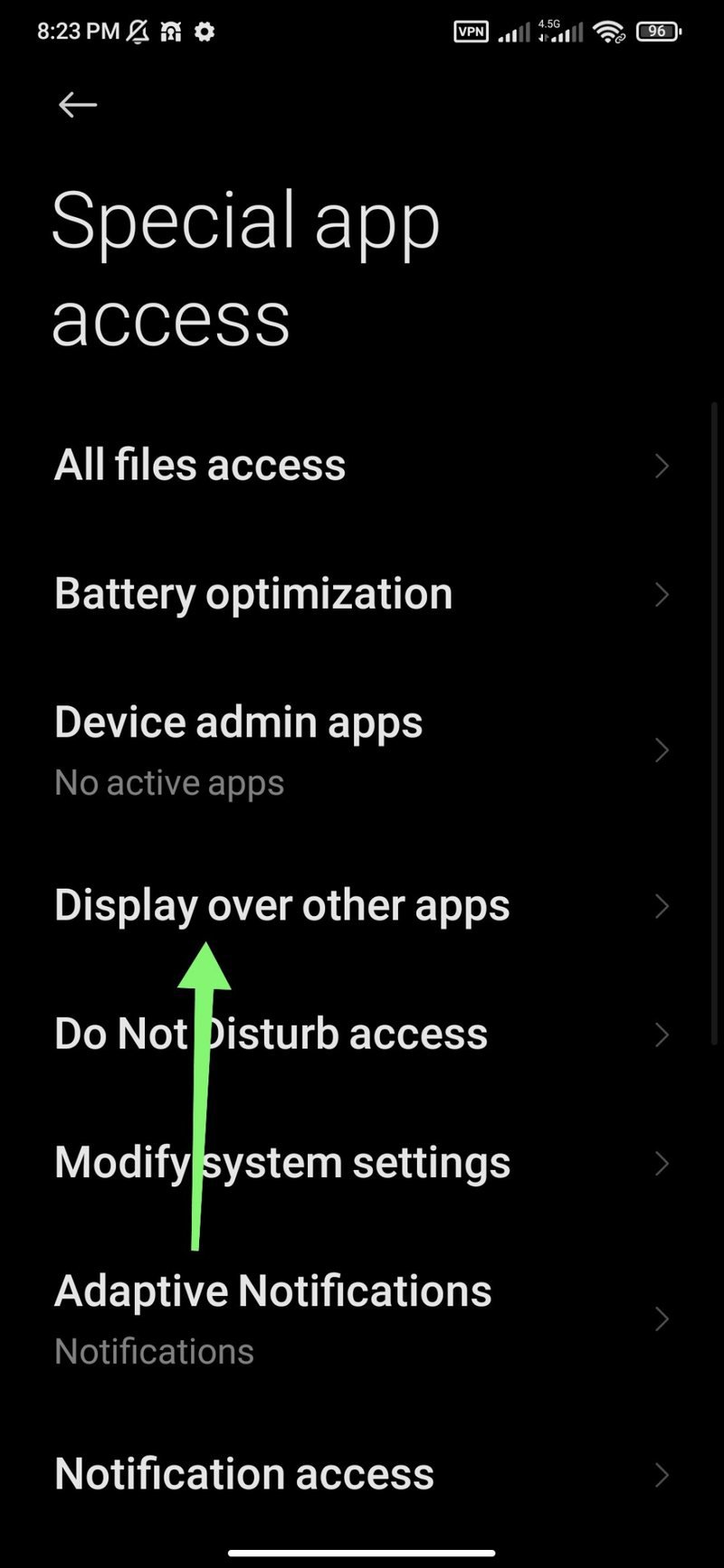 صفحه Special app access و انتخاب Display over other apps صفحه Special app access و انتخاب Display over other apps