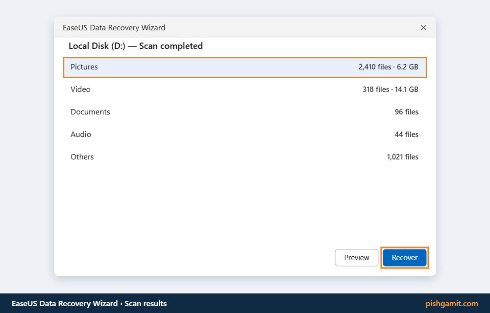 محیط اسکن عمیق و دسته‌بندی فایل‌ها در نرم‌افزار EaseUS Data Recovery