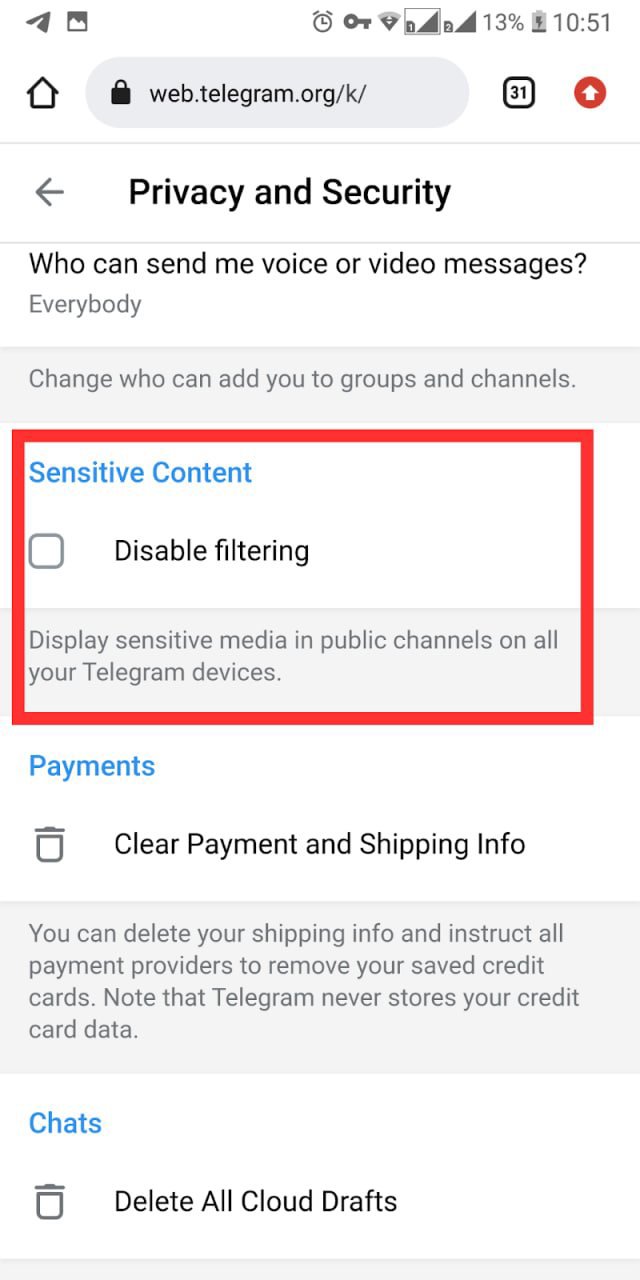 فعالکردن گزینه Disable filtering در بخش Sensitive Content تلگرام فعالکردن گزینه Disable filtering در بخش Sensitive Content تلگرام