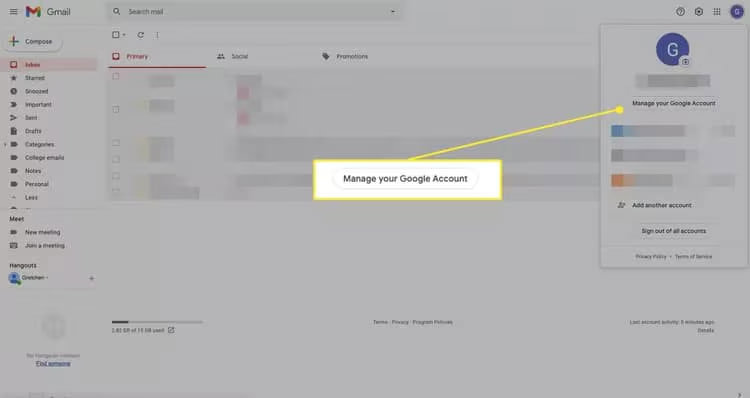 انتخاب گزینه Manage your Google Account از منوی پروفایل در جیمیل