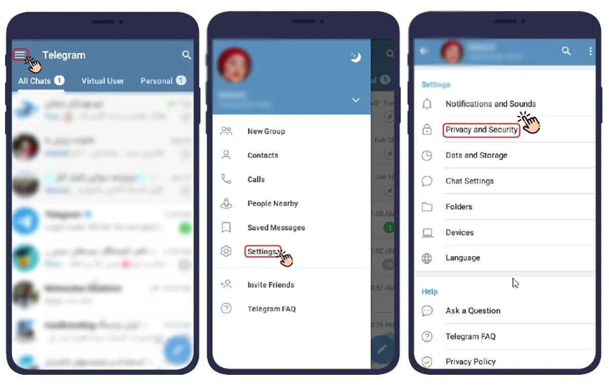 مسیر رسیدن به بخش Privacy and Security در تنظیمات تلگرام اندروید