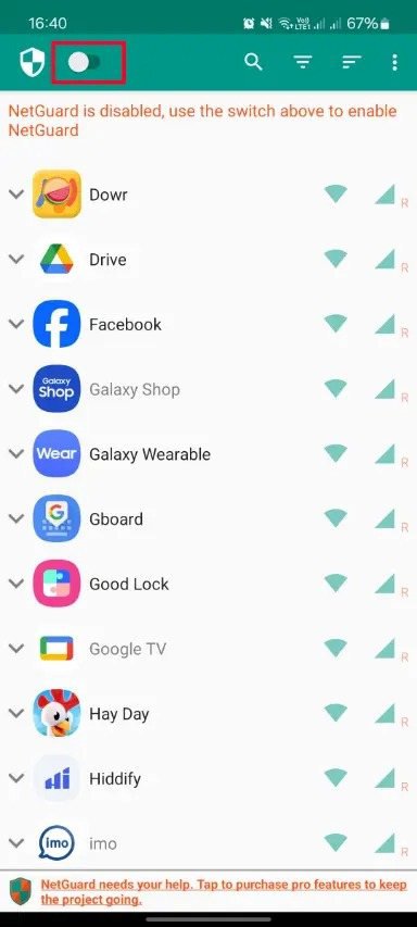 صفحه اصلی برنامه NetGuard و کلید فعالسازی آن صفحه اصلی برنامه NetGuard و کلید فعالسازی آن
