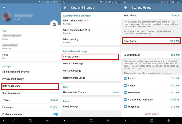 مسیر Settings › Data and Storage › Storage Usage › Clear Cache در تلگرام اندروید