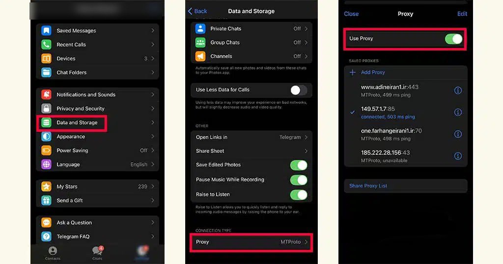 روشن کردن Use Proxy از بخش Data and Storage در تلگرام آیفون