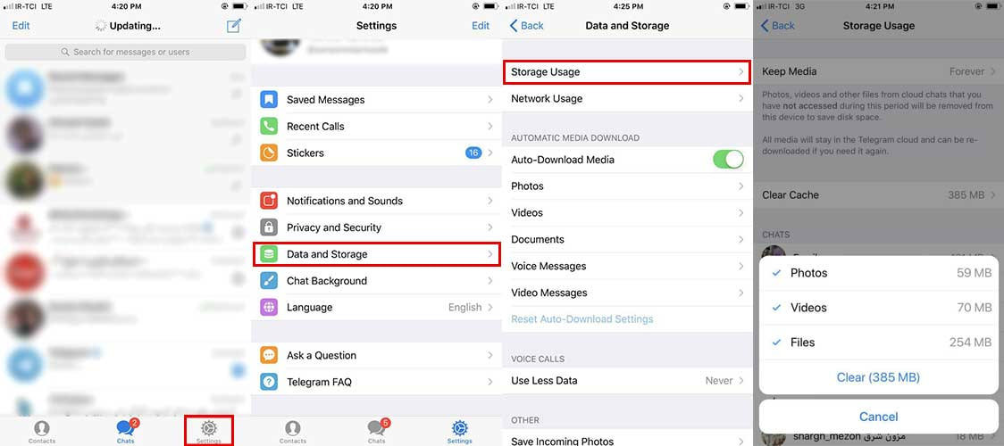 پاک کردن کش تلگرام در آیفون از بخش Storage Usage
