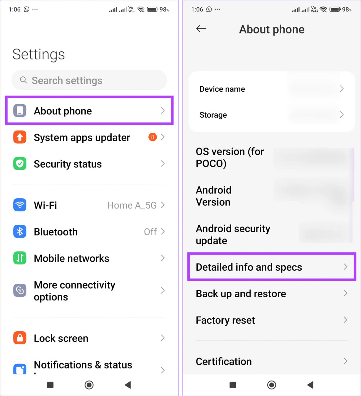 اسکرینشات تنظیمات اندروید؛ گزینه About phone و Detailed info and specs با کادر بنفش مشخص شده