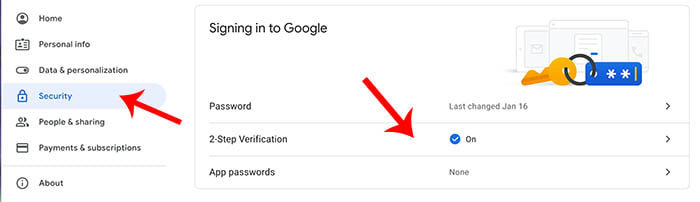 بخش Signing in to Google و وضعیت روشن بودن 2-Step Verification